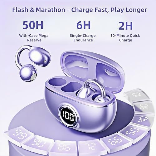 M97 Featherlight Open Ear Bluetooth 5.3 Clip-On Earbuds – Superior Waterproof Headphones with 50-Hour Battery, Immersive Deep Bass, and Quick Charge – Perfect for Running, Gym, and Active Lifestyles in Trendy Purple