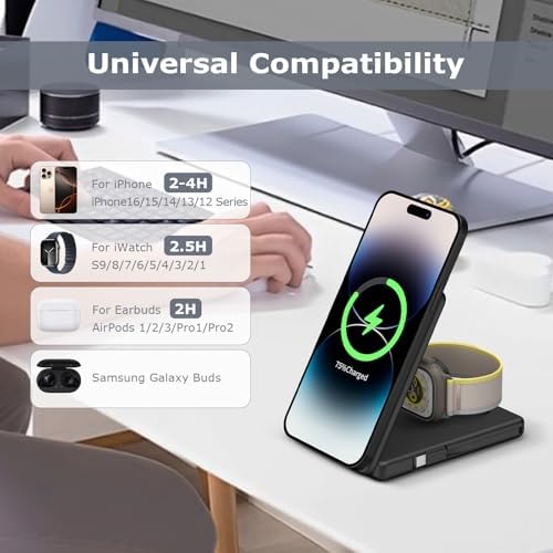 DDUAN 3-in-1 Wireless Charging Station for i Phone and Apple Watch – Foldable 5000 m Ah Magnetic Power Bank with Fast USB-C Charging for i Phone 16/15/14/13/12 Series – Sleek, Portable Design for Home and Travel