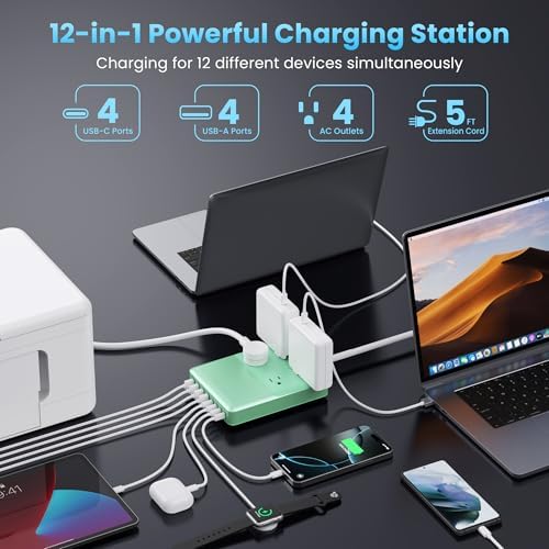 Revolutionize Your Charging Setup with the 12-in-1 USB C Power Strip – 200 W Ga N IV Fast Charger with 4 AC, 4 USB-A, and 4 USB-C Ports, Perfect for Mac Book and i Phone 16/15/14 – 5 ft Cord for Ultimate Flexibility in Home and Office Environments