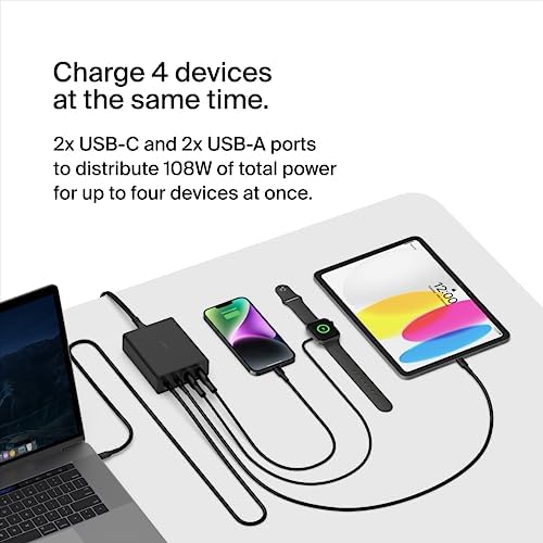 Belkin 4-Port 108 W Ga N Fast Charger Block – Ultimate Multi-Device Power Hub with USB-C PD & USB-A Ports for i Phone 16, Samsung Galaxy S25, Mac Book, Google Pixel, Nintendo Switch 2 – Compact, Lightweight, and Travel-Ready Charging Solution with Advanced Safety Features for Home and On-the-Go Convenience