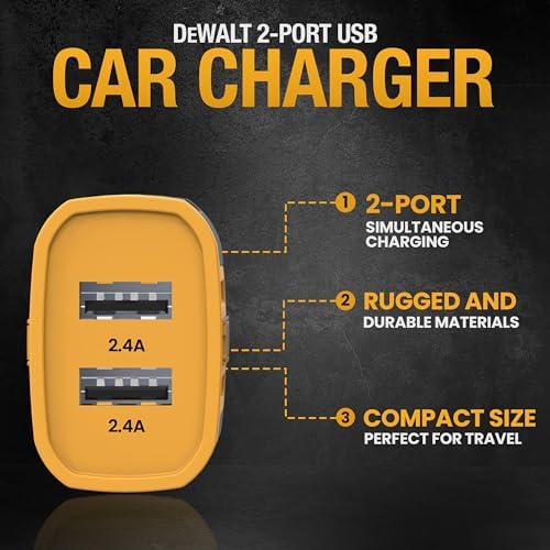DEWALT 24 W Dual USB Car Charger Adapter – Heavy Duty Fast Charging Cigarette Lighter Power Source for i Phone, Samsung Galaxy & i Pad – Reliable, Durable & Safety-Enhanced On-the-Go Charging Solution for All Your Devices