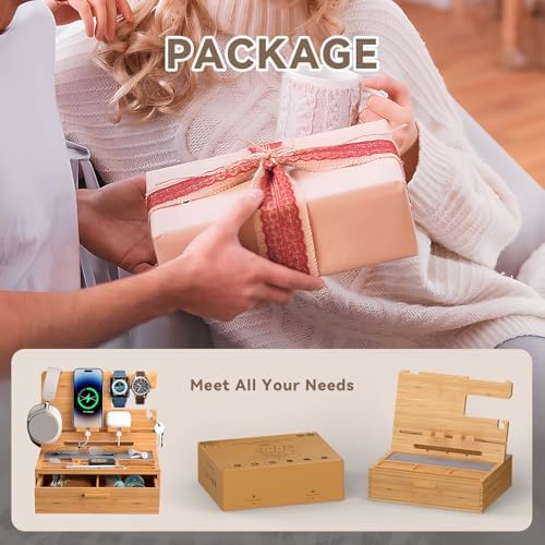 Pezin & Hulin Wooden Charging Station, Bedside Nightstand Tray, with Spacious Drawer, Felt Pads for Phones, Watch, Idea Gifts for Him Birthday, Son, Christmas for Papa Fathers Day – Enhanced Compatibility and Speed