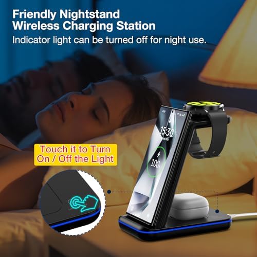 Efficient RELAXYO 3-in-1 Wireless Charging Station for i Phone 15-11, Apple Watch Series 9-4, and Air Pods 3/2/Pro – Fast, Compact Charger for Tech Enthusiasts & Travelers, Tidy Cable-Free Solution for Home and Office Use