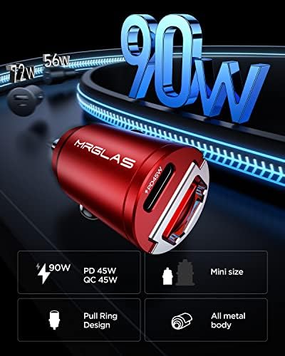 MRGLAS 90 W USB-C Car Charger: Ultra-Fast PD45 W & QC45 W Compatibility with 3.3 ft Type C Cable, Durable All-Metal Design, Flush Fit for Seamless Integration in Vehicles – Ideal for i Phone 16/15, Samsung S25/S24/S23 Ultra, Pixel 8/8 Pro/7 – Power Up on the Go!