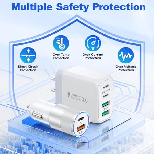 38 W Dual Port Fast Car Charger for i Phone 16 & 15 – Includes 2 Braided 6 ft USB-C Cables & 40 W Wall Adapter – Quick Charge 3.0 Cigarette Lighter Adapter for i Pad, Samsung & Tablets – Ultimate On-the-Go Charging Solution