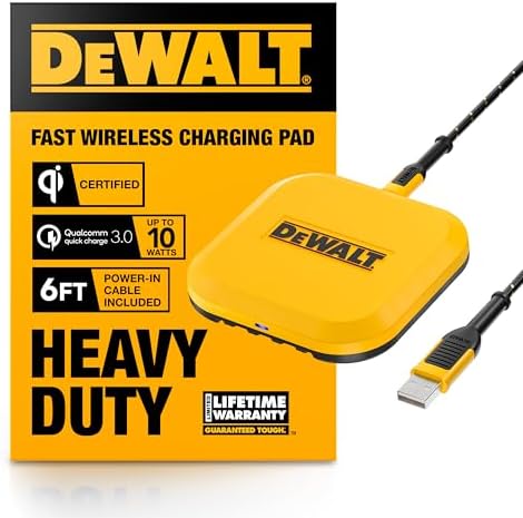 DEWALT Heavy Duty 10 W Fast Wireless Charging Pad – Ultimate Portable Charging Station for i Phone 16/15/14/13/12/11/X/8 Pro Max & Samsung Galaxy S22/S21 – Includes Type C Cable & AC Adapter for Seamless Compatibility – Perfect for Home & Office Use
