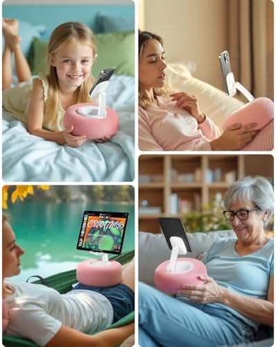 Phone Stand with Pillow, Adjustable iPhone Stand with Anti-Slip Strips, Fuzzy Tablet Holder- Compatible with 4″-7″ Devices, Including iPhone, iPad, Kindle, and Android (Pink) – Enhanced Compatibility and Speed