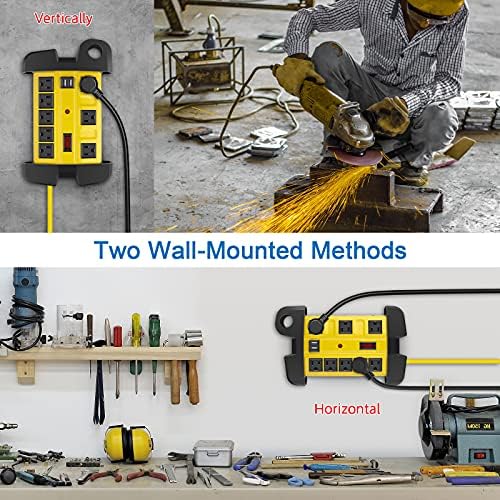 Industrial Heavy Duty Power Strip with 8 Outlets & USB Ports – 2700 Joules Surge Protector for Workshop & Garage – 15 Amp Metal Power Strip with 6 FT Extension Cord for Enhanced Device Compatibility & Fast Charging