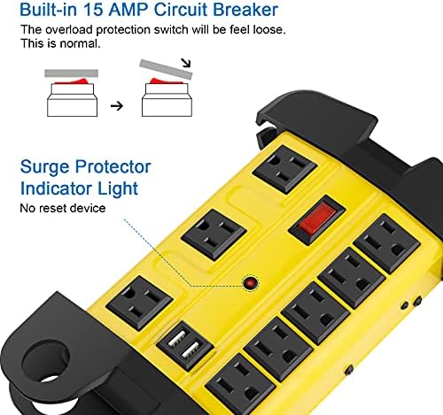 Industrial Heavy Duty Power Strip with 8 Outlets & USB Ports – 2700 Joules Surge Protector for Workshop & Garage – 15 Amp Metal Power Strip with 6 FT Extension Cord for Enhanced Device Compatibility & Fast Charging