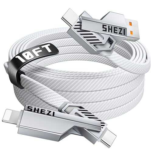 SHEZI 4-in-1 Fast Charging USB C Cable – 60 W Power Delivery with Lightning, USB C, and USB A Ports – 5 FT Durable Flat Nylon Braided Cord – Stylish Pink Design for i Phone, i Pad, and More – High-Speed 480 Mbps Data Transfer Solution for All Your Devices