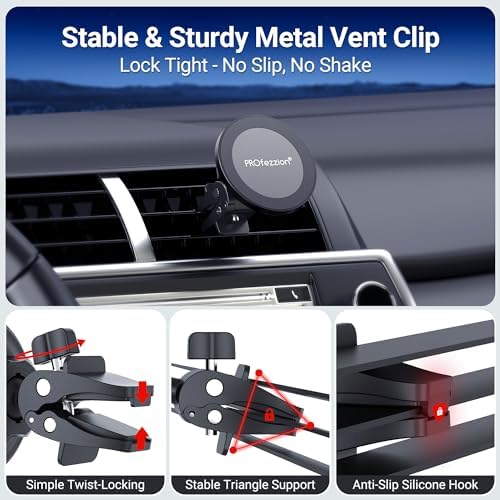 Magnetic Car Vent Mount 2-Pack for i Phone 12-16 & All Phones – PROfezzion Mag Safe Compatible Holder with Strong Metal Clip, Effortless Installation for Hands-Free Navigation and Calls, Sleek Design for Modern Vehicles – Ultimate Driving Convenience