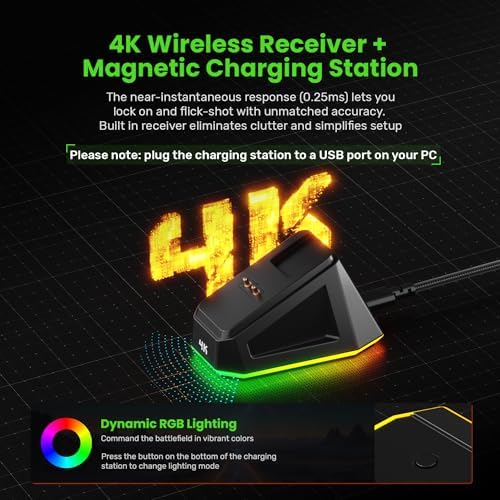 Ultra-Lightweight G63 Tri-Mode 4 K Wireless Gaming Mouse with PAW3395 Sensor – 58 g Design, 4000 Polling Rate, 26000 DPI, 5 Customizable Buttons & RGB Magnetic Charging Dock for Optimal Gaming Performance