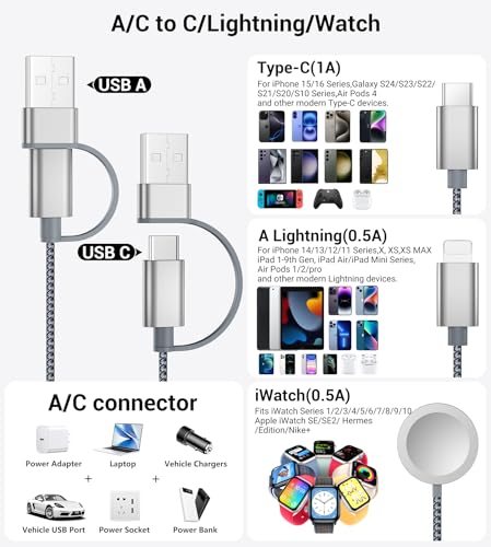 Temdan 2-Pack 5 ft 3-in-1 Charging Cable for Apple Devices – Ultimate Travel Solution with USB A, Type C & Lightning Connectors for i Phone 12-16, i Pad, and Apple Watch Ultra & SE – Durable, Versatile, and Hassle-Free Power Anywhere