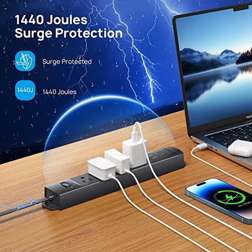 Ultra-Slim TROND Surge Protector Power Strip with 3 USB Ports & Type C – 4 AC Outlets for Maximum Device Protection & Charging Speed – 1440 J Surge Defense, ETL Listed, Space-Saving Wall Mount Design for Home Office & Dorm Use – Versatile Power Management Solution in Elegant Black