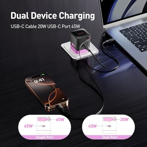 Compact 65 W Ga N Wall Charger with Retractable USB-C for Rapid Dual Device Charging – Ideal for Mac Book Pro, i Phone 16/15 Pro Max, i Pad Pro, Galaxy S25/S24, and More – Travel-Ready, Lightweight, and Versatile Power Solution for On-the-Go Professionals