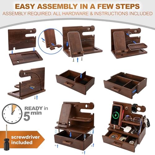 TESLYAR Wood Phone Docking Station with Drawer – Nightstand Organizer – Desk Organizer for Husband – Birthday Gifts for Men, Dad, Anniversary Idea, Key Holder Stand Watch & Accessories (Bourbon Brown) – Enhanced Compatibility and Speed