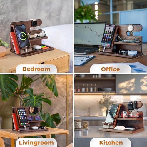 TESLYAR Wood Phone Docking Station for Men – Desktop or Nightstand Organizer – Birthday Gifts for Men, Dad – Anniversary Idea from Wife – Key Holder, Stand Wallet, Watch & Essentials (Antique Brown) – Enhanced Compatibility and Speed