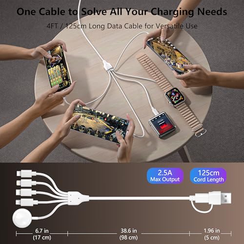 Ultimate 5-in-2 Multi-Device Charging Cable for Apple Watch and Smartphones – High-Speed USB A/C Input with Versatile Lightning, Type C, Micro, and Mini Outputs – Compatible with i Phone 15-13, i Watch 1-9, Galaxy S23-22 – 4 FT Length for Unmatched Portability and Everyday Use – Perfect for Travel and Daily Charging Solutions