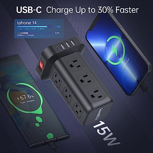 15 FT USB C Surge Protector Power Tower with 12 AC Outlets & 4 Rapid Charging USB Ports – Ultimate Overload Protection for Home and Travel Efficiency – Compact, Versatile Charging Solution for Modern Devices