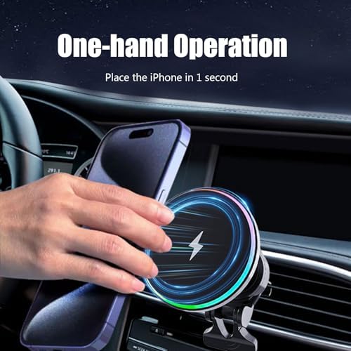 Mag Safe-Compatible 15 W Wireless Car Charger with RGB LED – Magnetic Air Vent Mount for i Phone 12/13/14/15/16 Series, Hands-Free Phone Holder for Enhanced Driving Convenience and Style