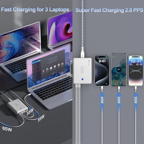 240 W High-Speed 8-Port Charging Station – Multi-Device USB Hub for i Phone, i Pad & Mac Book with 6 USB-C PD Ports, 2 USB-A Ports, 5 ft Braided Cord, On/Off Switch, Flat Plug Design for Travel Convenience and Optimal Space Management – Ultimate Charging Solution for Tech Enthusiasts