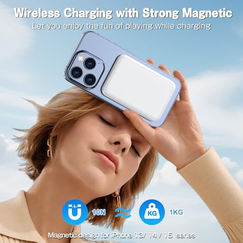 Mag Safe Wireless Power Bank – 5000 m Ah Slim Magnetic Charger for i Phone 16/15/14/13 Series & Samsung – Multi-Device Fast Charging with USB-C & A Ports – Lightweight Travel Essential with Safety Protection – Effortless Gaming & Photography Power Solution