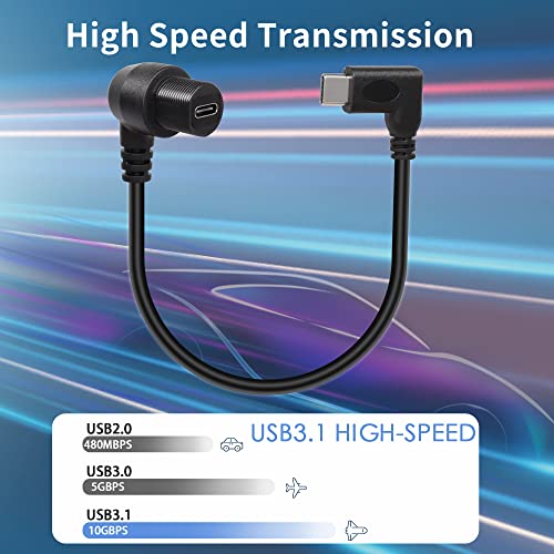 QIANRENON 90 Degree Right Angle USB C 3.1 Extension Cable – 10 Gbps Waterproof Panel Mount Solution, 30 cm Length for Streamlined Connectivity in Compact Spaces – Ideal for Vehicles and Workstations