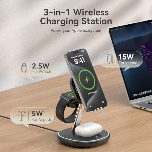 Ultimate 3-in-1 Wireless Charging Station: 15 W Fast Charger for i Phone 16/15/14/13/12, Apple Watch & Air Pods – Adjustable Viewing Stand with Sleep-Friendly Light for Enhanced User Experience (Black) – Rapid, Safe Power Delivery with Multi-Protection Features