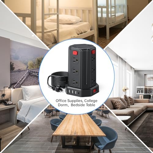 SMALLRT Power Tower Surge Protector – 10 Ft Extension Cord with 12 AC Outlets & 4 USB Ports (1 USB-C) – Ultimate Charging Station for Home & Office – Enhanced Device Compatibility & Safety