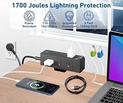 Maximize Workspace Efficiency with the 9-Outlet Desk Clamp Power Strip – Ultimate Mountable Surge Protector Featuring Fast Charging USB & USB-C Ports, 6 ft Extension Cord for Home Office Convenience, Sleek White Design for Enhanced Aesthetics and Functionality