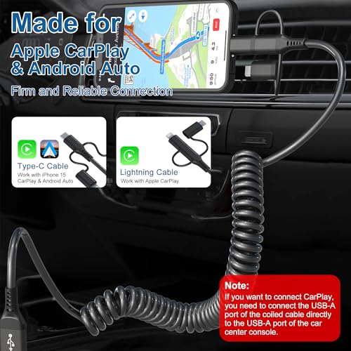 Versatile Coiled USB to USB-C & Lightning Cable Combo for i Phone and Android – MFi Certified Fast Charge & Data Sync up to 3 A – Tangle-Free Design for Apple Car Play & Android Auto Compatibility – Durable, High-Quality Charging Solution for Seamless Connectivity on the Go