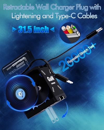 Revolutionize Your Charging Experience with the W & O 45 W Ga N Fast Charger – All-in-One Retractable Dual Cable Wall Plug for i Phone 16/15/14/13/12/11 & Galaxy S25/24 – Ultimate Lightning and Type-C Compatibility for Lightning-Fast Power Delivery – Sleek, Compact, and Durable Charging Solution Perfect for Home, Office, or Travel – Tidy Your Space with Innovative Design and Effortless Portability