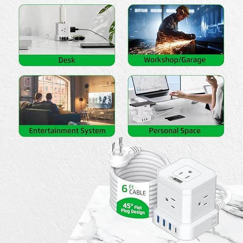 Uncaged Ergonomics Cube Power Strip with 10 ft Extension Cord – Surge Protected Charging Station Featuring 5 AC Outlets, 3 USB Charging Ports (1 USB-C Fast Charger) and On/Off Switch for Ultimate Convenience and Safety