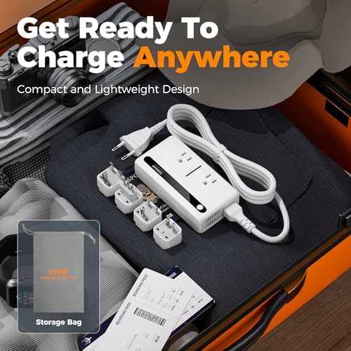 Universal 220 V to 110 V Travel Voltage Converter by TESSAN – High-Efficiency Step Down Transformer with 4 USB Ports (2 USB-C) & Dual AC Sockets for Global Compatibility in EU, UK, AU, IT – Fast Charging Solution for Seamless Worldwide Device Powering