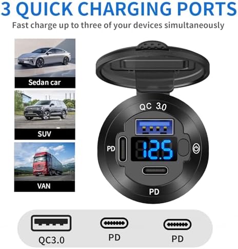 High-Performance 2 Pack 12 V USB Outlet Car Charger Socket – Triple Port Aluminum Fast Charging Adapter with 30 W Dual PD USB-C and Quick Charge 3.0, Waterproof Design with Built-in Voltmeter & Power Control for Marine, RV, Motorcycle, and Truck Applications – Ultimate Durability and Versatile Compatibility for All Devices