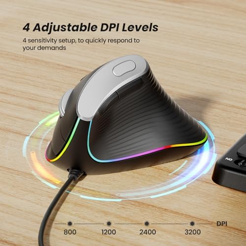 Nulea M504 Ergonomic Wired Vertical Mouse with 4 Adjustable DPI Settings and 11 RGB Lighting Modes – Ultimate Comfort and Precision for Laptop, PC, Desktop, and Mac Users