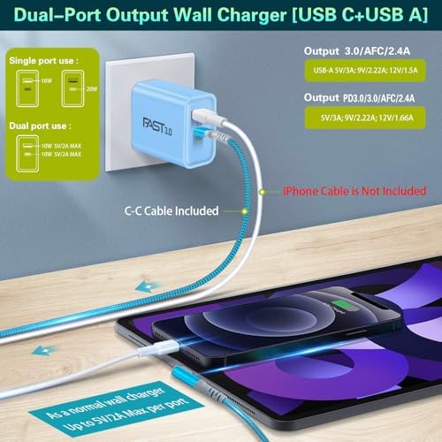 Dual Port Fast Charging Wall Adapter with 10 FT Right-Angle USB C Cable – 20 W USB-C Power Block for i Phone 16/15, Samsung Galaxy S25 Ultra, S24, S23, S10 – Efficient Charging Convenience for Home, Office, and Travel