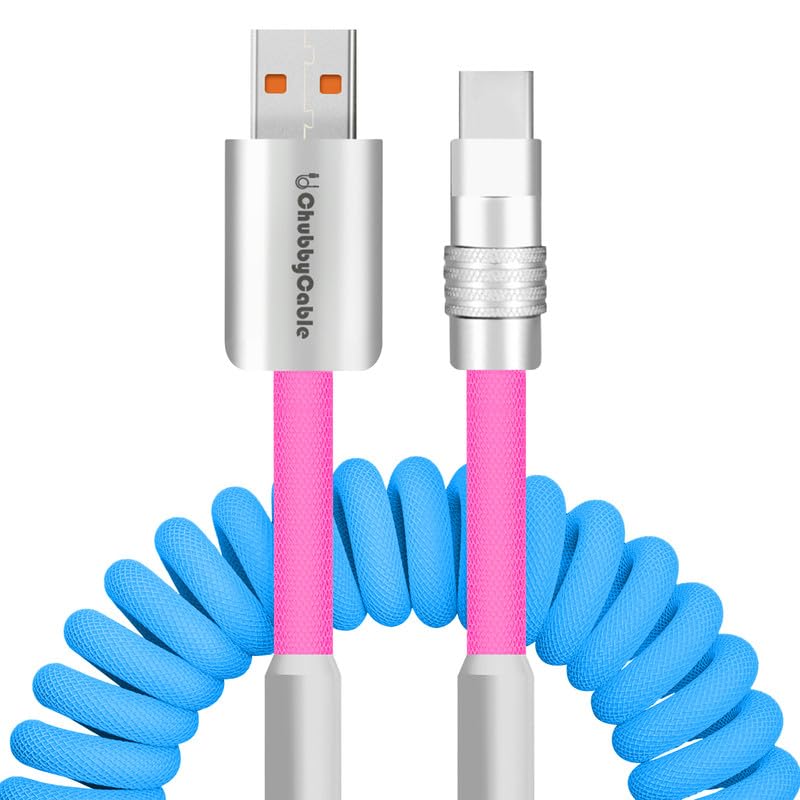 Dynamic Curly Chubby Coiled USB C Cable: 240 W Fast Charge Retractable Spiral Braid Cord for Carplay & Android Auto, Versatile Length 2.29 FT to 3.6 FT, Sleek Black and Red Design, Enhanced Compatibility for All USB-A to Type-C Devices
