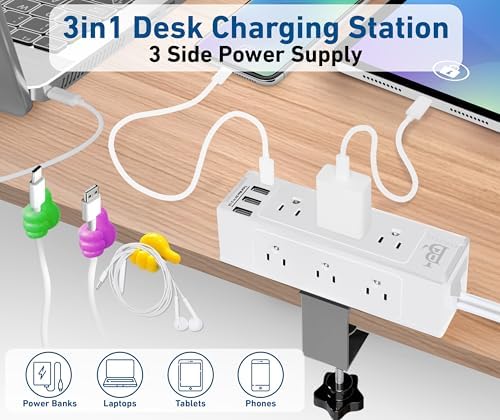 Maximize Workspace Efficiency with the 9-Outlet Desk Clamp Power Strip – Ultimate Mountable Surge Protector Featuring Fast Charging USB & USB-C Ports, 6 ft Extension Cord for Home Office Convenience, Sleek White Design for Enhanced Aesthetics and Functionality