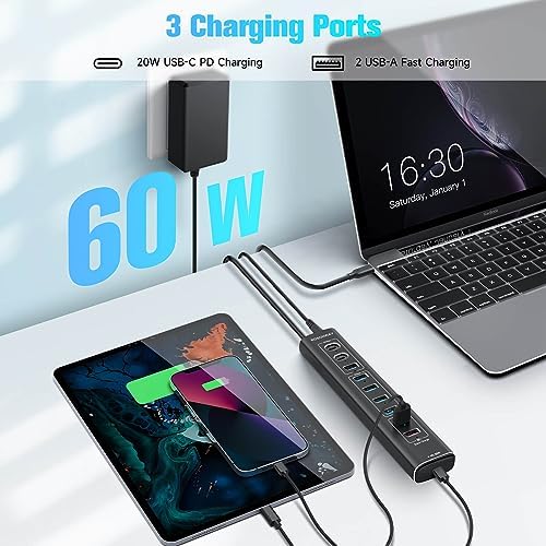 Maximize Your Device Connectivity with Rosonway 10-Port USB 3.2 Hub – Ultra-Fast 10 Gbps Data Transfer, 60 W Fast Charging, Sleek Aluminum Design for Enhanced Productivity on Laptops and PCs