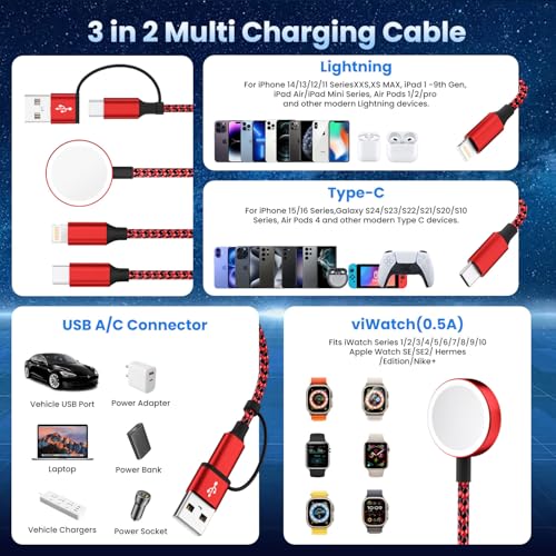 Travel Essentials 3-in-1 Charging Cable for Apple Watch & i Phone | Versatile 5 FT USB A/C to Type C Charger | Fast-Power Solution for Modern Travelers | Ultra-Lightweight & Portable Dual Compatibility | Convenient 2-Pack for Effortless Charging on the Go