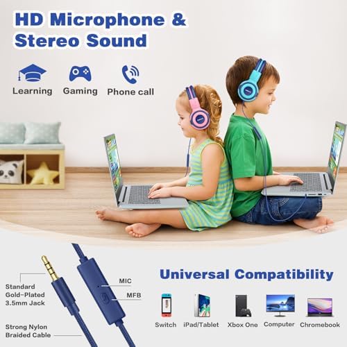 Chic Pink SIMOLIO Kids Headphones with Microphone – Volume-Limited Wired Design for Safe Listening – Adjustable Sound Levels (75/85/94 d B) for Hearing Protection – Perfect for School, Travel, and Home Use – Durable and Comfortable Fit for Active Young Listeners – Compatible with Smartphones & Tablets for Versatile Use