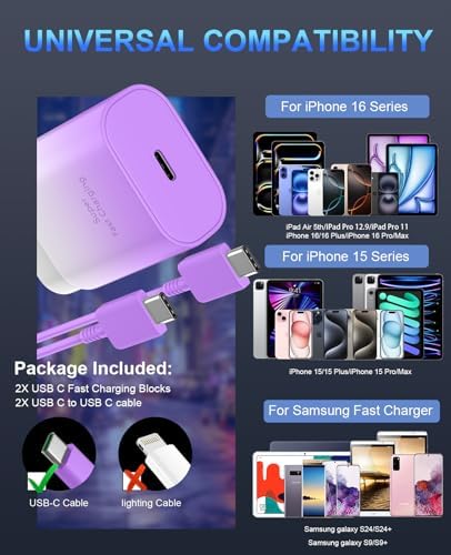 30 W Ultra-Fast USB C Wall Charger with 10 FT Cable in Stylish Purple Gradient | Rapid Charging Solution for Phone 15 Series & S24 Ultra Plus | Compact & Versatile Power Adapter for Modern Devices