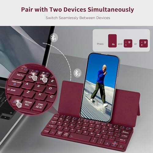CACOE Ultra-Slim Foldable Wireless Keyboard with Integrated Stand – Dual-Channel QWERTY Design for Seamless Device Switching – Portable Mini Keyboard for Smartphones, Tablets, and Laptops – Stylish Wine Red Finish for Enhanced Productivity and Versatility
