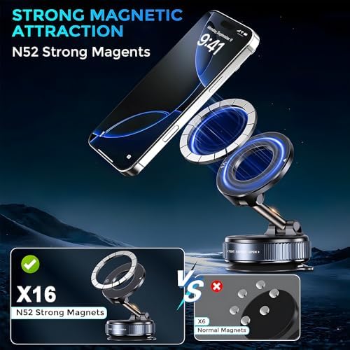 Revolutionary Magnetic Car Phone Holder for Mag Safe – 360° Adjustable Suction Cup Mount for Optimal Smartphone Positioning – Universal Compatibility for i Phone and Android – Enhance Safety and Accessibility While Driving – Perfect for Busy Lifestyles and Hands-Free Navigation