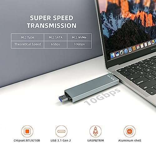 Elevate Your Data Storage with the MAIWO M.2 Enclosure: High-Speed 10 Gbps USB A to USB C SSD Enclosure for NVMe & SATA SSDs – Supports 4 TB Expansion, Durable Aluminum Alloy Design, Compatible with M and B+M Key Sizes (2230/2242/2260/2280)