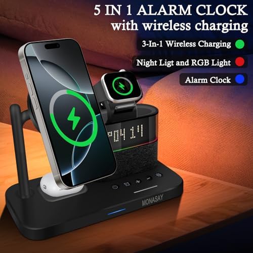 MONASAY Qi2 5-in-1 Wireless Charging Hub with Alarm Clock – 23 W Fast Charger for i Phone 16/15/14/13/12, Air Pods, and Apple Watch – Magnetic Stand for Optimal Device Alignment – Sleek Black Design for Home and Office Use – Ultimate Convenience and Speed in One Charging Solution