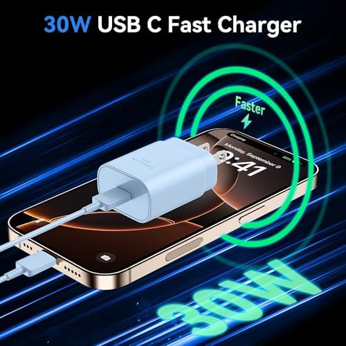 Auorld 30 W USB-C Fast Charger with 10 FT Cable – High-Performance Rapid Charging for i Phone 15/16, i Pad, Samsung Galaxy & Google Pixel – Stylish Purple Design for Maximum Flexibility and Compatibility on the Go