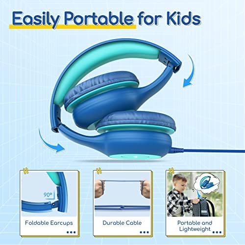 Kid-Friendly Foldable Wired Headphones with Microphone – Volume Limiting Safety (85/94 d B) for Hearing Protection, Share Port for Collaborative Audio, Ideal for Tablets, PCs, and School Use – Enhanced Type C Compatibility for Optimal Sound Quality and Comfort