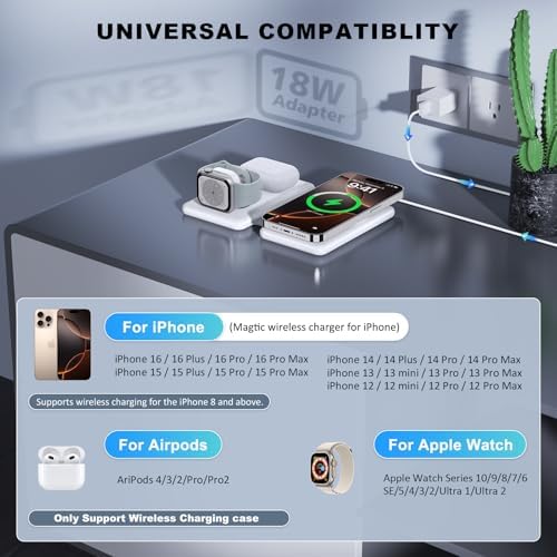 Elevate Your Charging Game with the Ultimate 3-in-1 Wireless Charger – Fast Magnetic Charging Station for i Phone 16, Compatible with i Phone 15, 14, 13, 12 Pro Max, Air Pods 4/3/Pro & Apple Watch – Perfect for Travel & Daily Use, Streamlined Design for Effortless Organization and Enhanced Efficiency